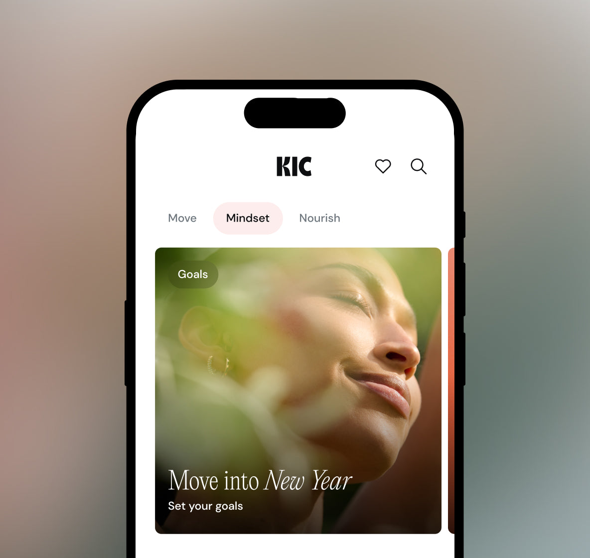 Smartphone displaying the KIC app interface with a blurred face on a gradient background
