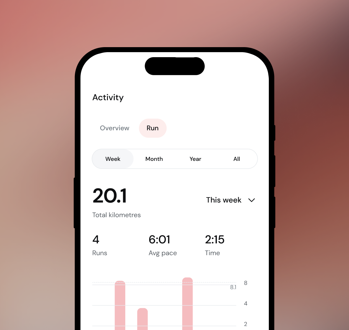 Phone screen displaying activity tracking with kilometers and time metrics on a gradient background