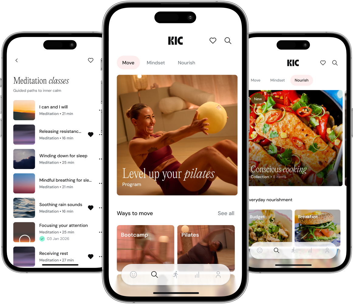 KIC fitness app screens showing pilates workout, meditation session and healthy recipe features