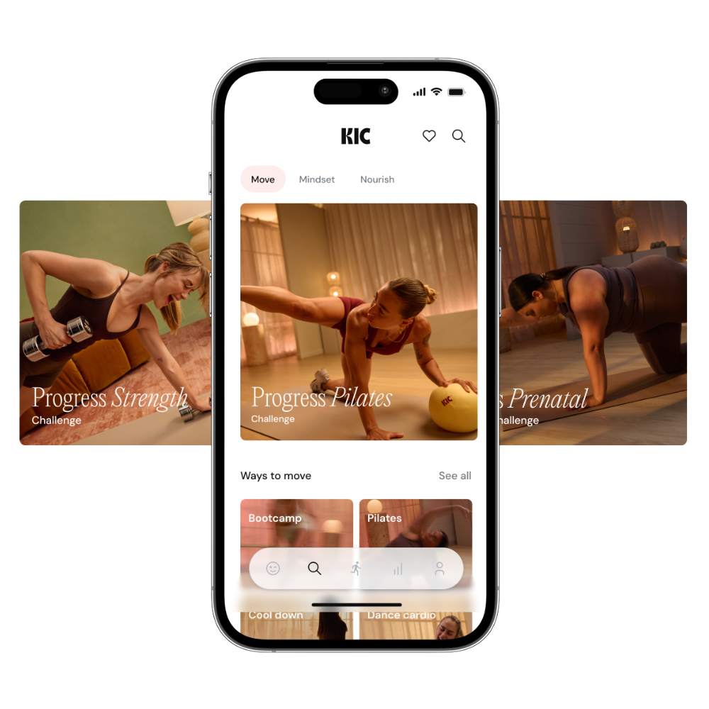 KIC Fitness App screens for pilates, prenatal workouts and strength. 