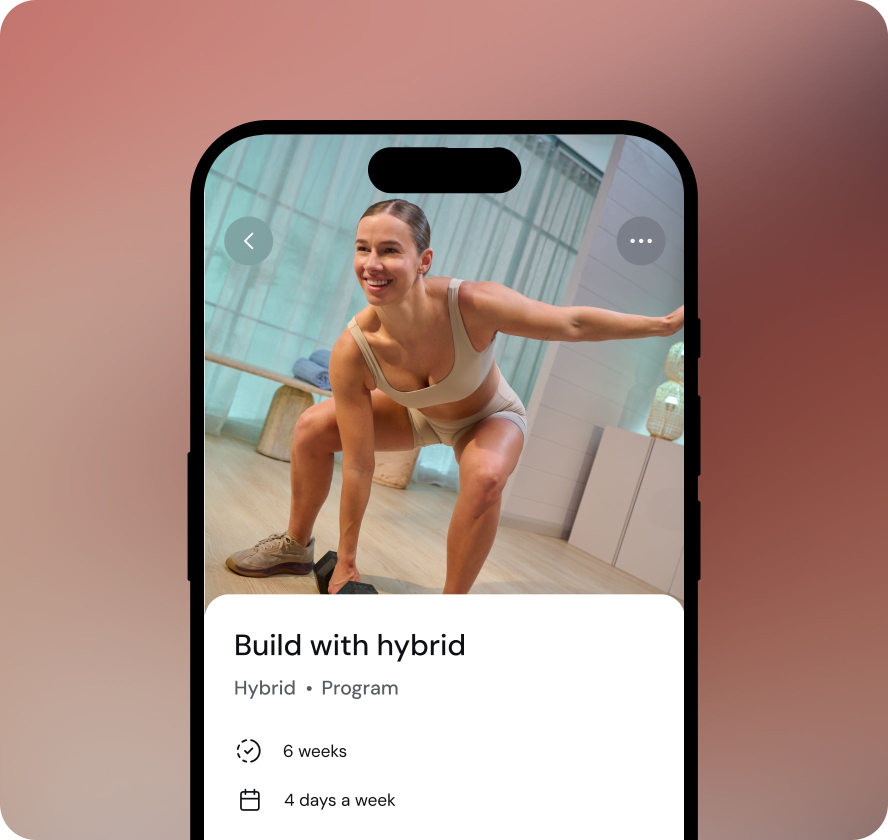 Phone screen displaying a fitness app with a woman exercising on a pink gradient background