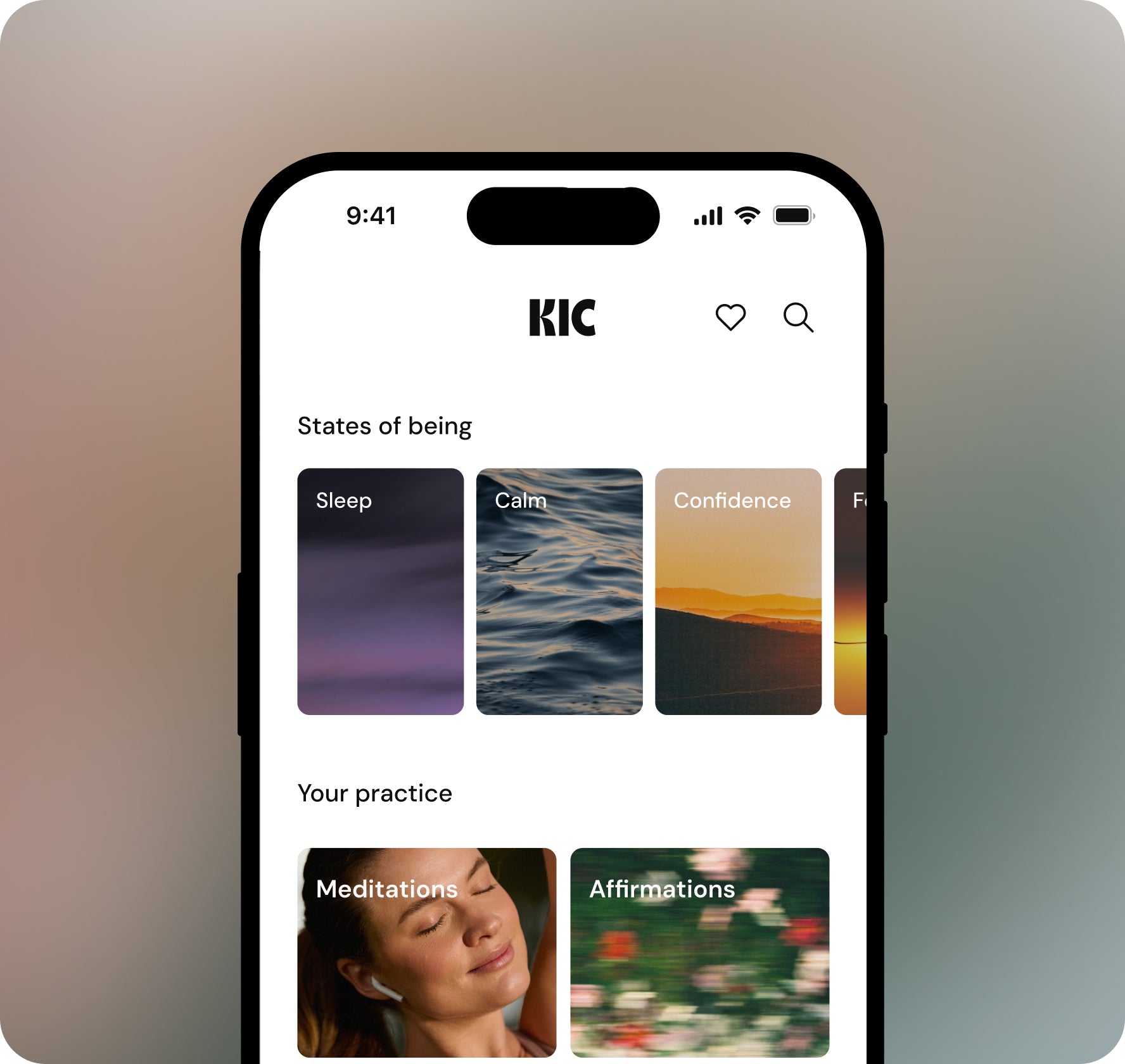 Phone screen displaying a meditation app with 'KIC' branding and various states of being options.