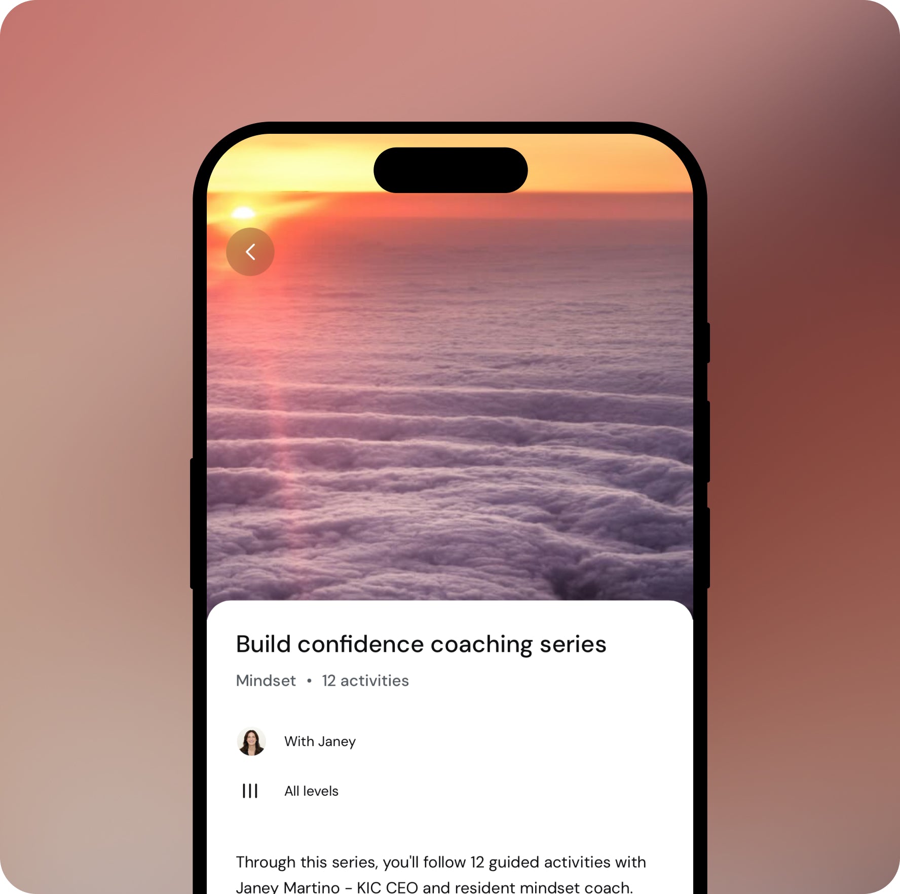 Phone screen displaying a coaching series app with a sunset over water background
