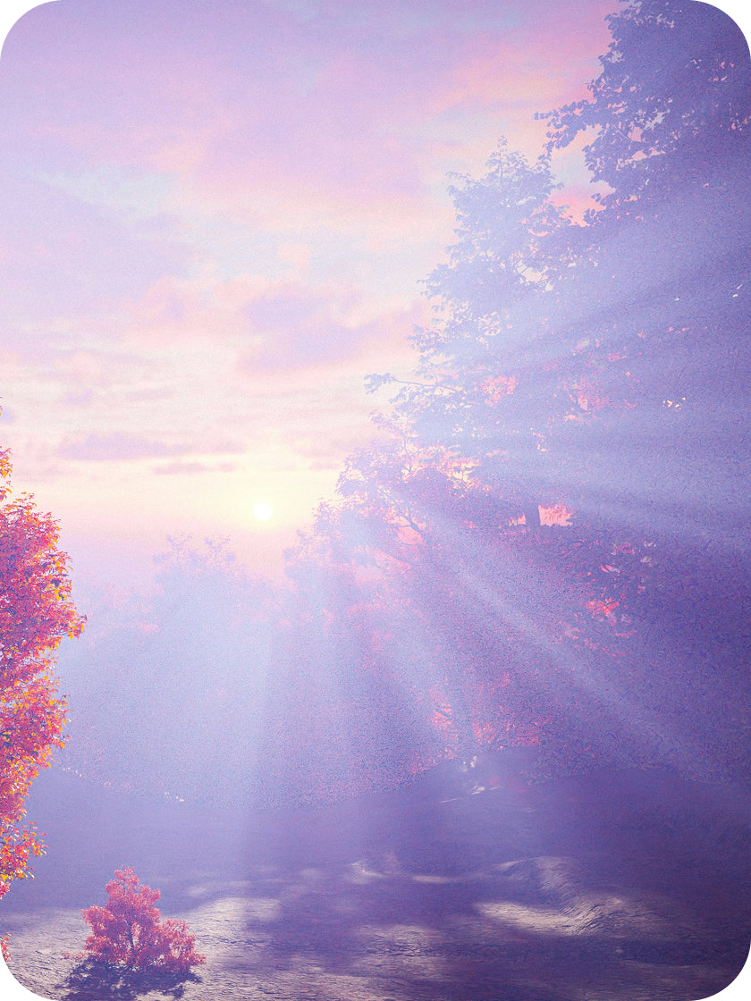 Sunlight filtering through trees with a soft, pastel color palette