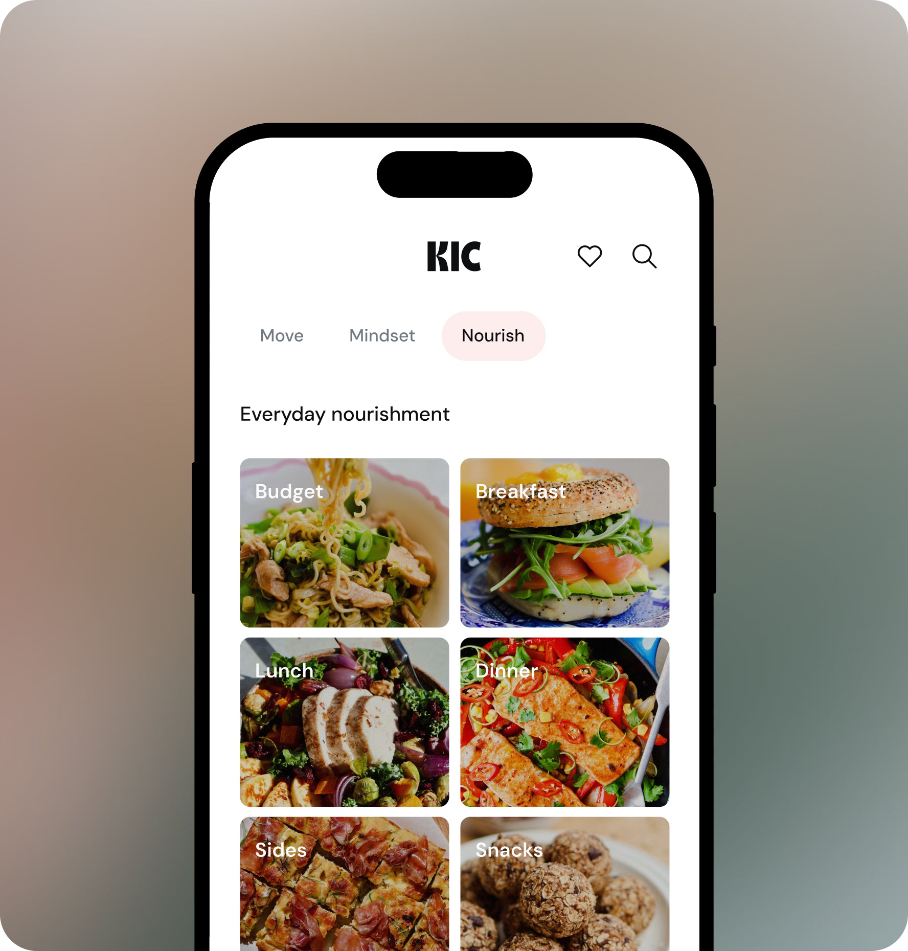Phone displaying a nutrition app with meal categories on a gradient background