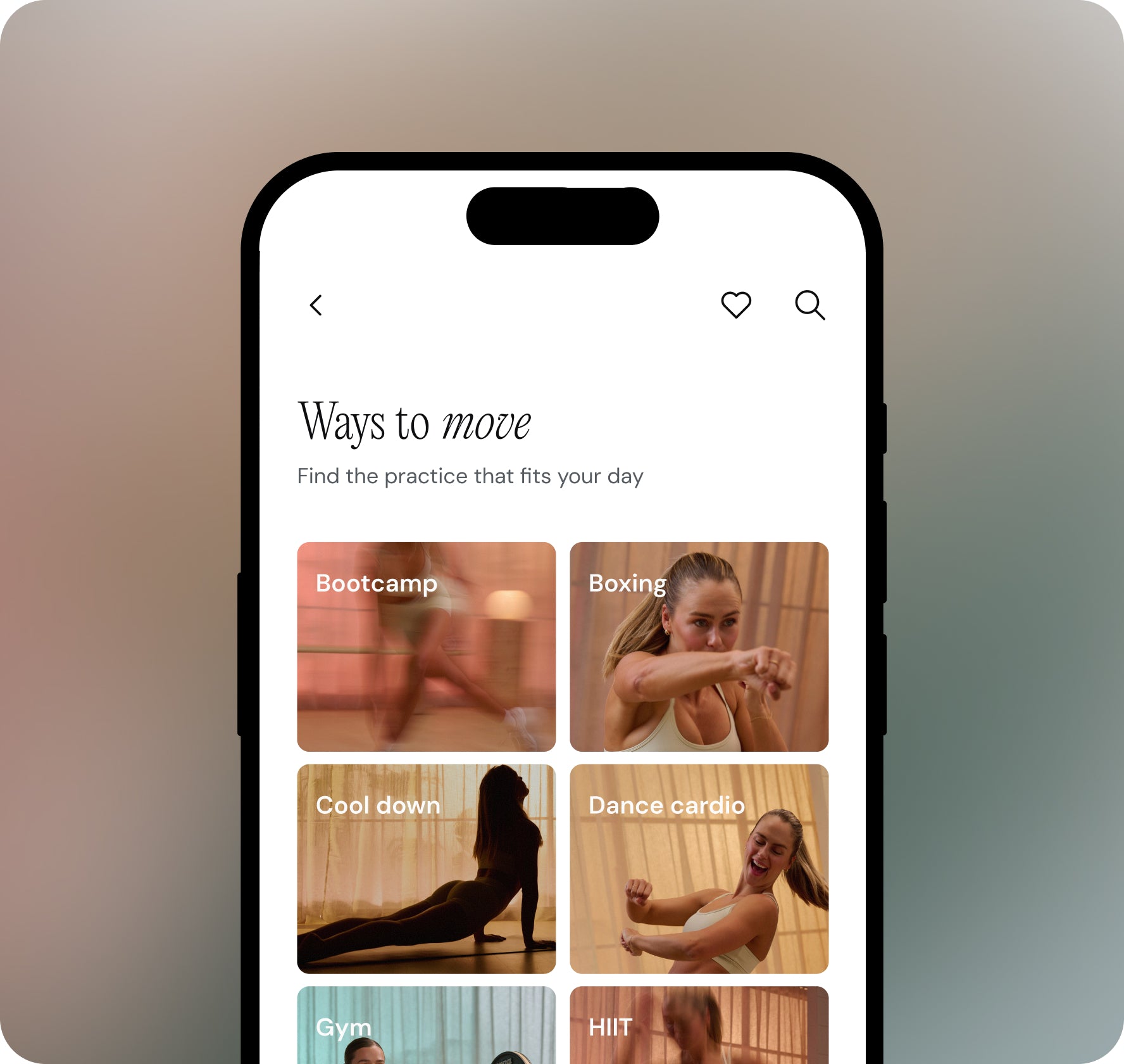 Phone screen displaying a fitness app with workout categories on a gradient background