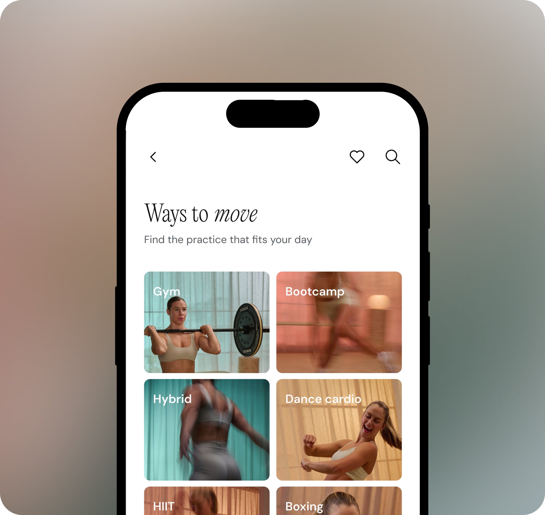 Phone screen displaying KIC fitness app with various exercise categories.