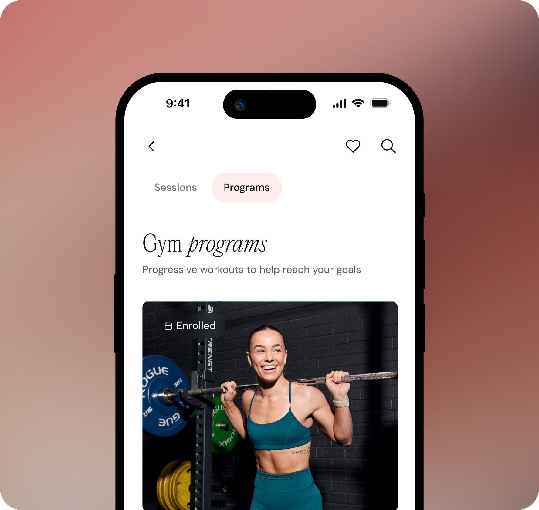 Phone screen showing KIC fitness app with a user enrolled in gym programs.