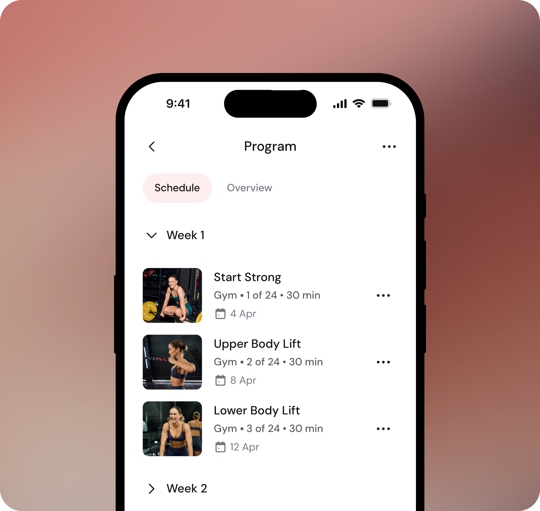 Phone screen displaying KIC fitness app with workout schedule on a gradient background