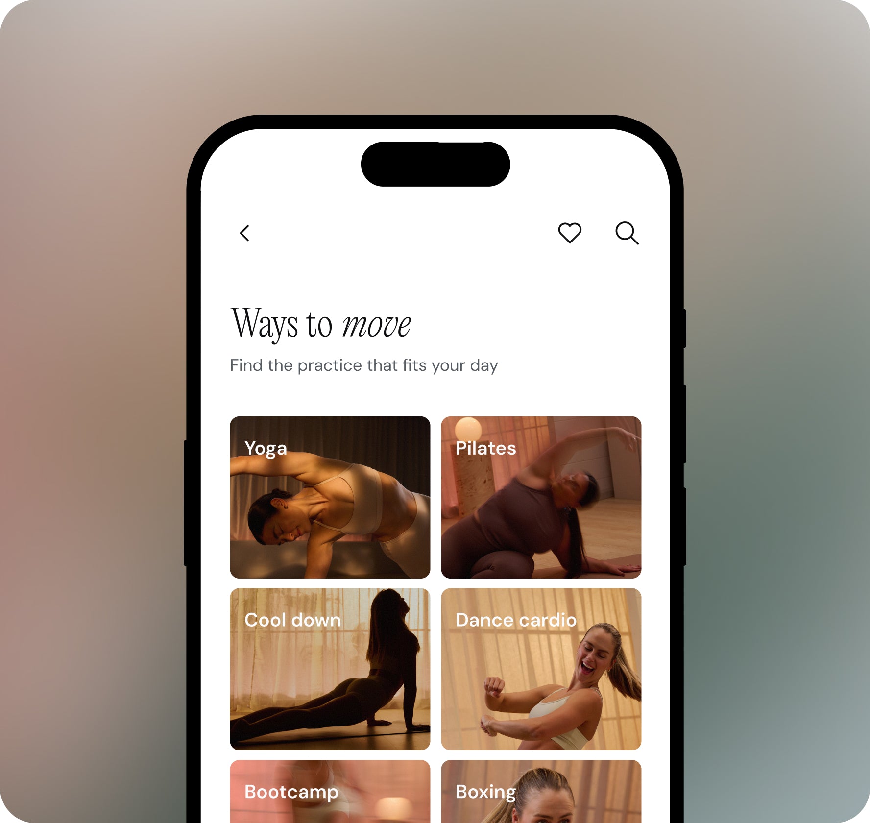 Phone screen displaying a fitness app with various exercise categories.