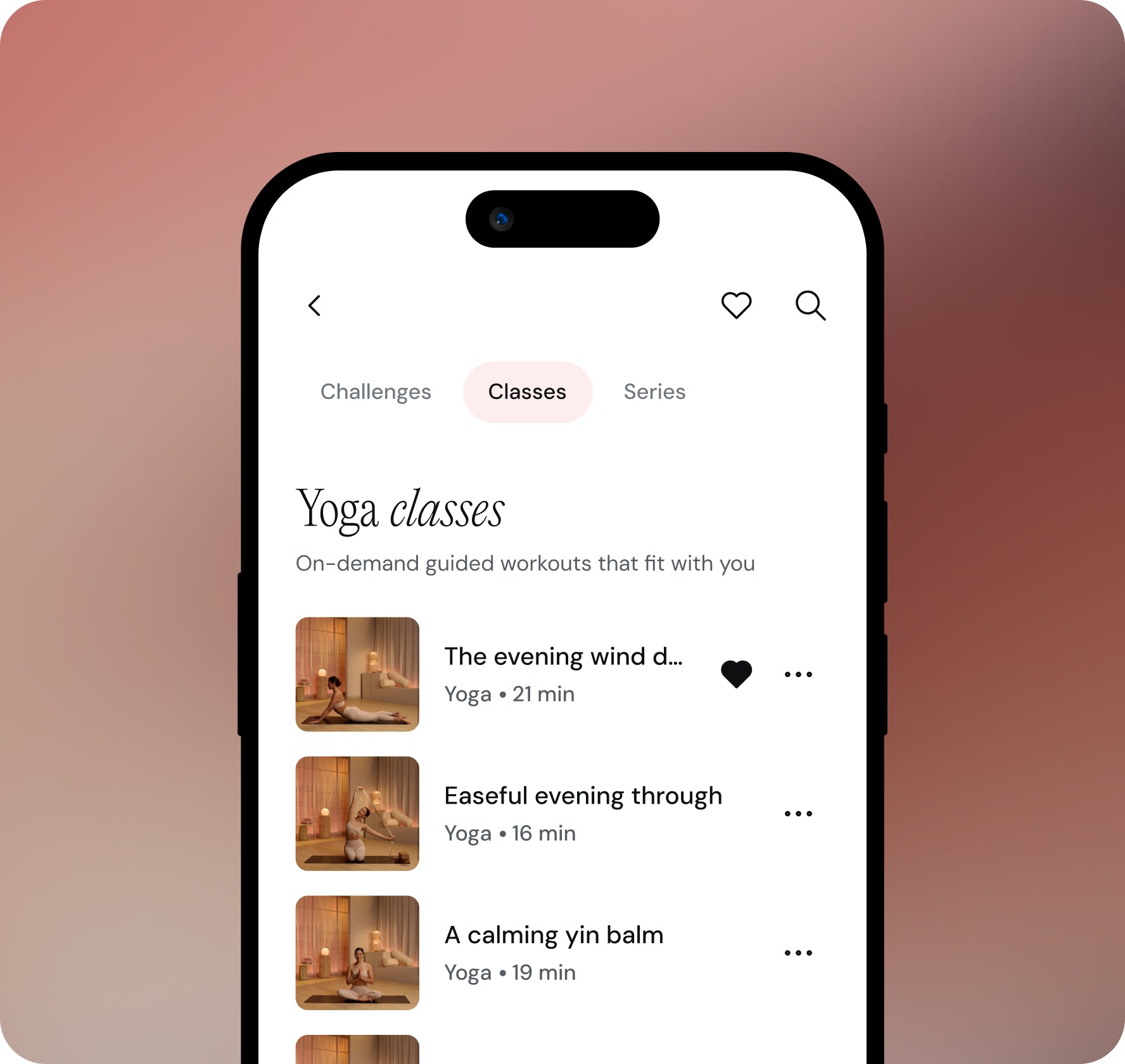 Phone screen displaying a yoga class app with various yoga sessions.