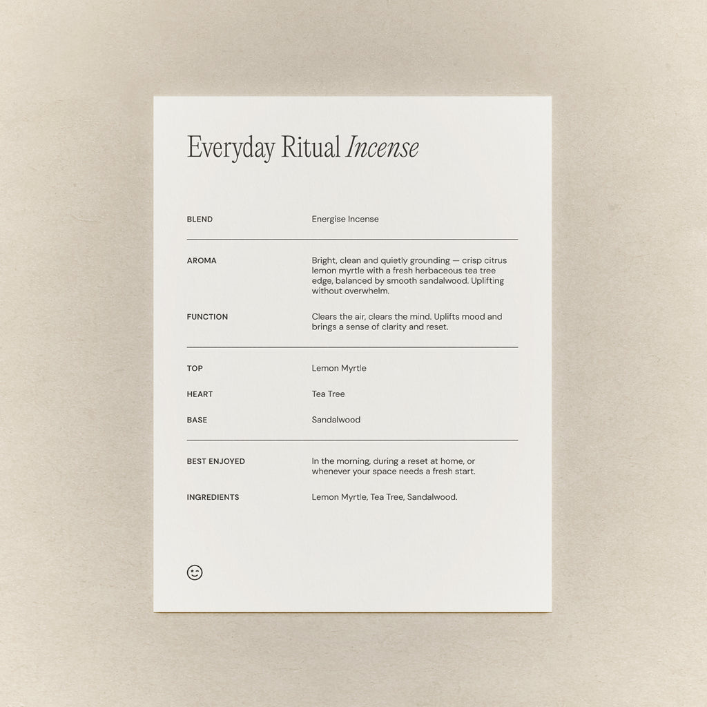 Natural Energise Incense ingredient card. 