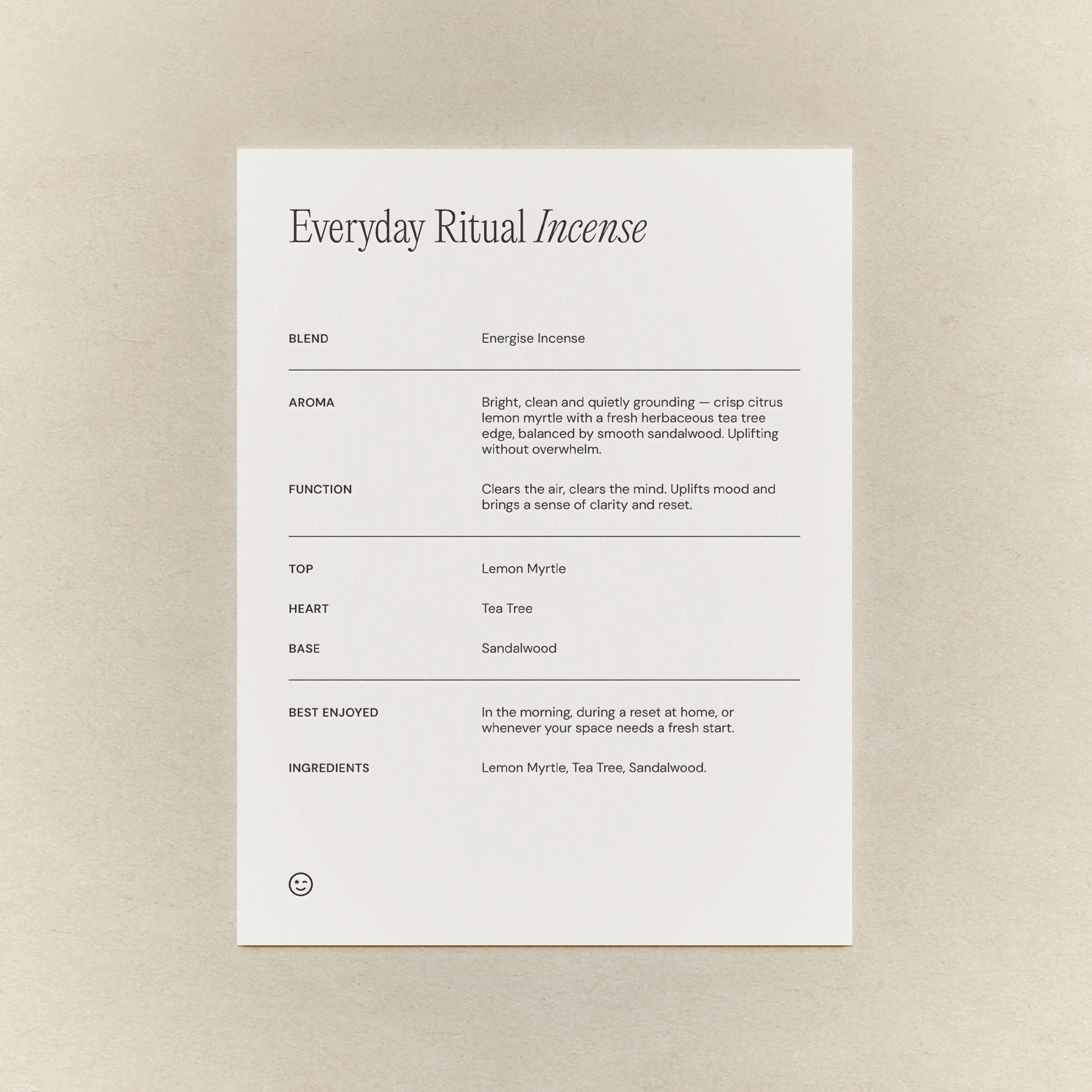 Natural Energise Incense ingredient card. 