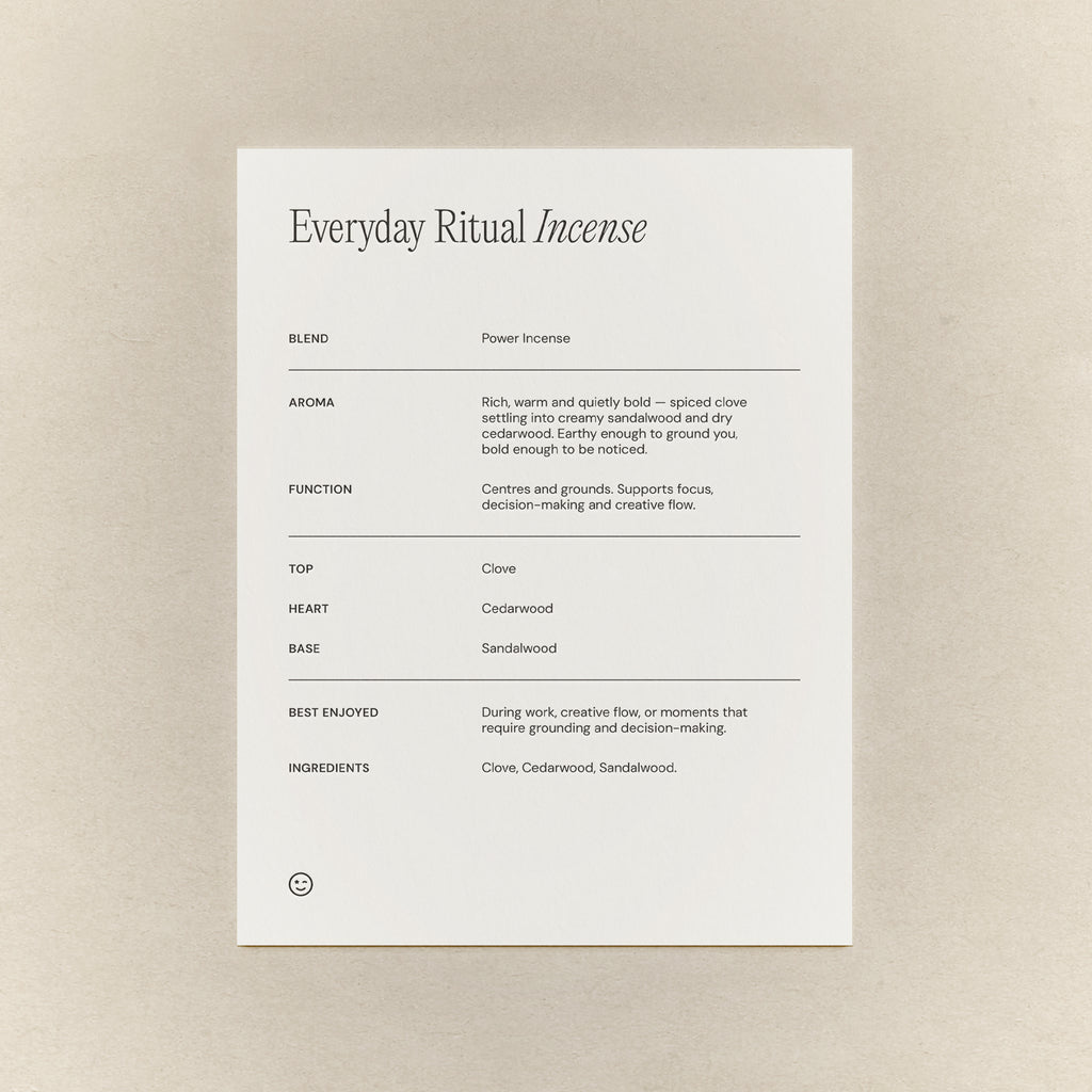 Natural Power Incense ingredient card. 