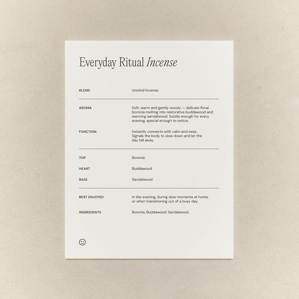 Natural Sandalwood Unwind Incense ingredient card. 