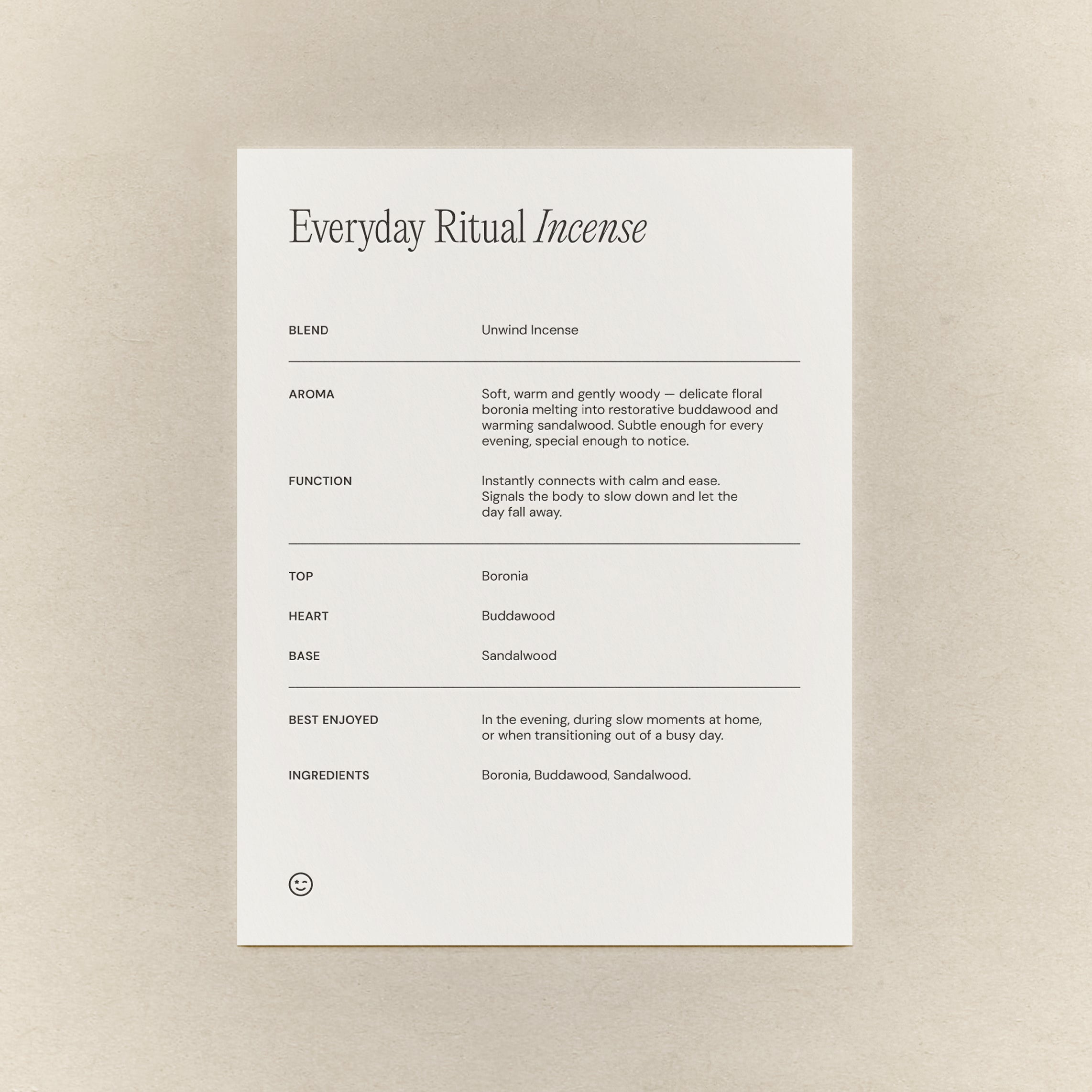 Natural Sandalwood Unwind Incense ingredient card. 