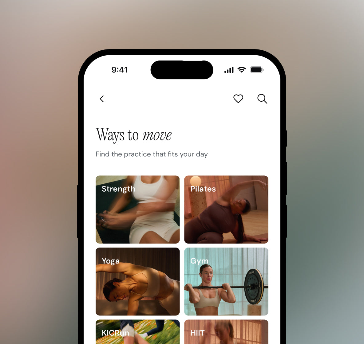 Phone screen displaying the KIC app with various exercise categories.